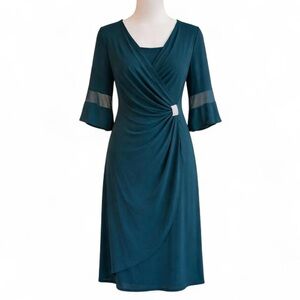 R&M Richard’s emerald green wrap dress with 3/4 sleeves and rhinestone detail